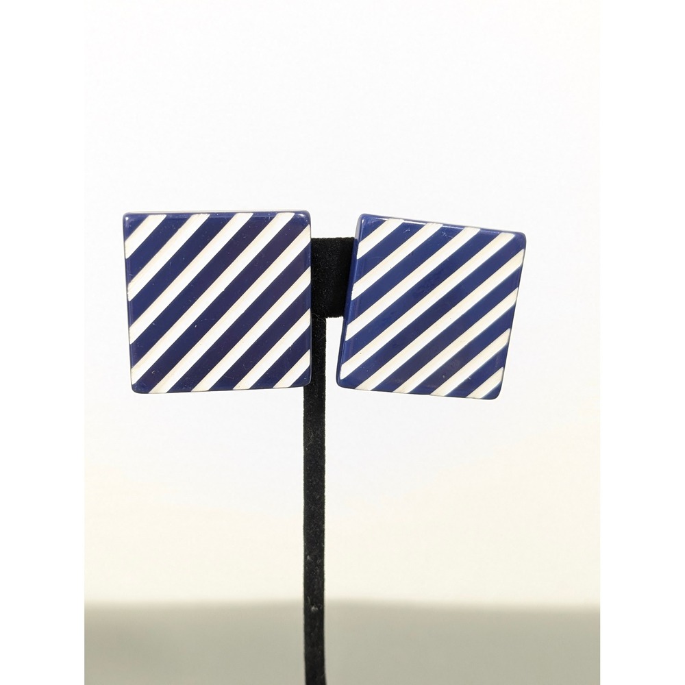 Vintage Navy White Striped‎ Acrylic Clip On Earrings Retro